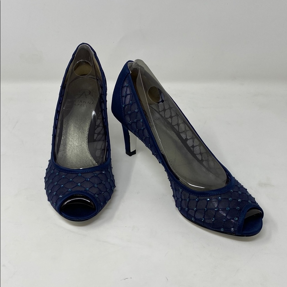 Adrianna Papell Navy Blue Peep-Toe Beaded Heels. Worn once.